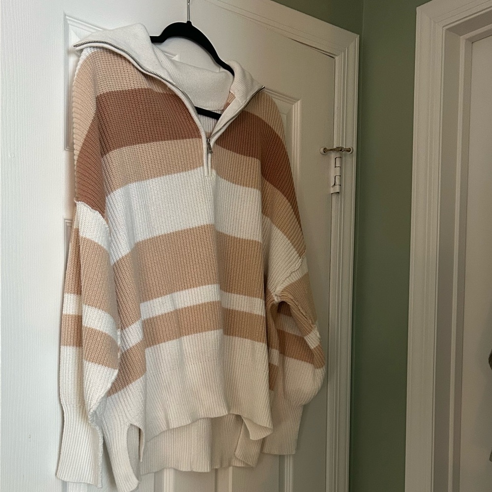 aerie Striped Half-Zip Sweater in Cream and Tan